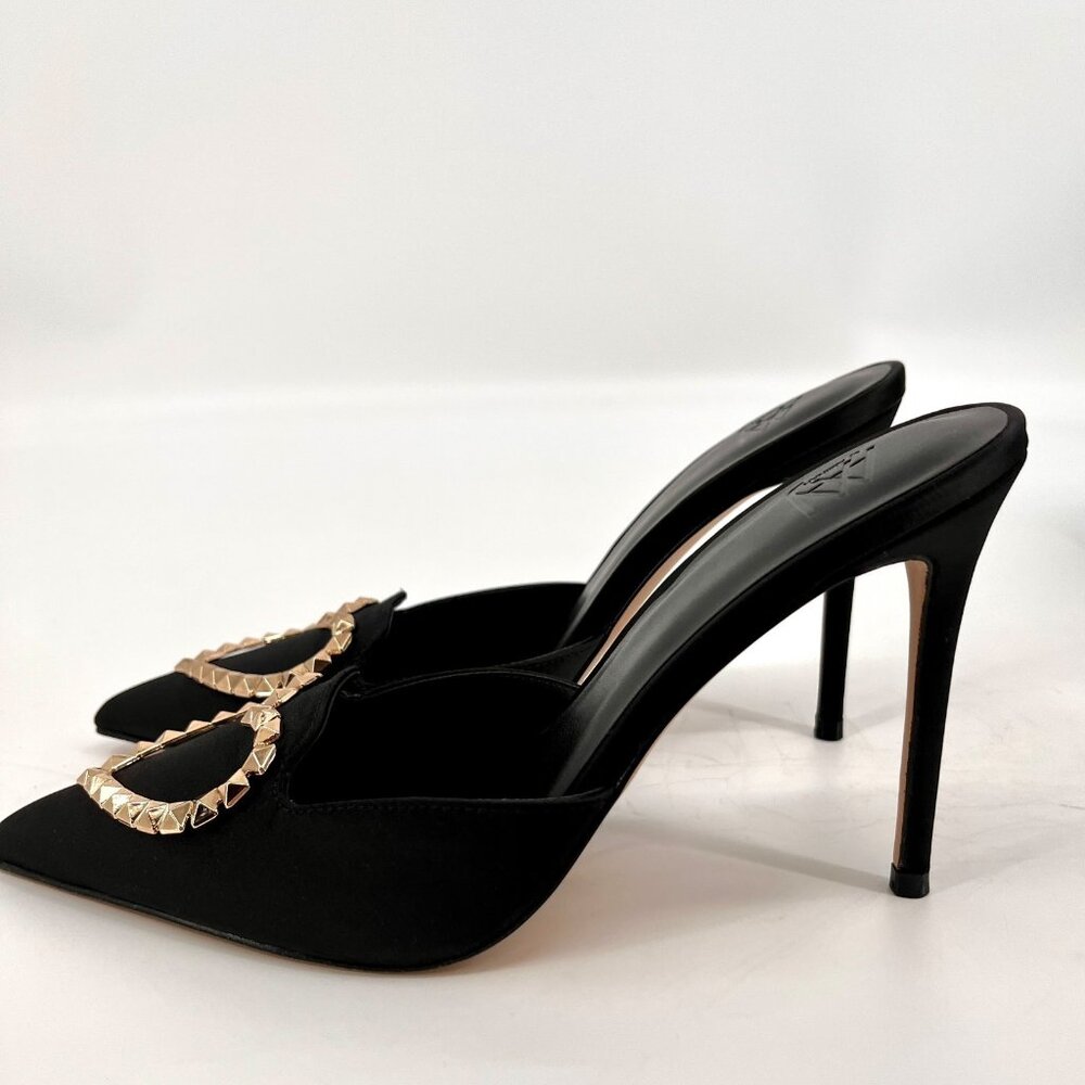 AAJ by Aminah Aviva Heart Mule Pumps Size 8M Black Microfiber Fabric Pointed Toe - Picture 5 of 16